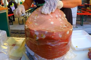 Ham Hand Slicing Skills. Italy Street Food. Mortadella, Prosciutto Crudo e Cotto