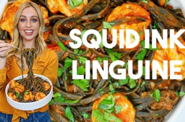 EASY Squid Ink Linguine in a White Wine Tomato Sauce | Skyler Bouchard @diningwithskyler Recipe