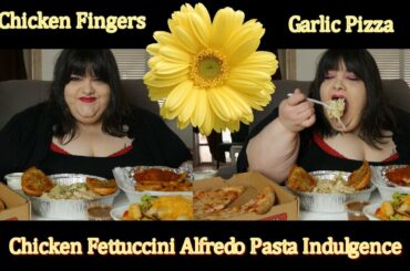Chicken Fettuccini Alfredo Italian Pasta Wit Garlic Cheese Pizza and Buffalo Chicken Fingers Mukbang