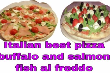 Italian best pizza buffalo and salmon fish delicious food.