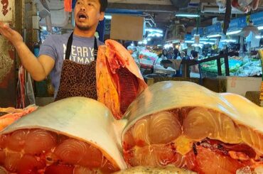 Big Fish Cutting Skills and Thai Street Food in Bangkok, Thailand. Or Tor Kor Market