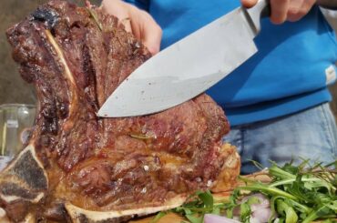 Roasting Huge 'Fiorentina' Beefsteak. Italy Countryside Street Food
