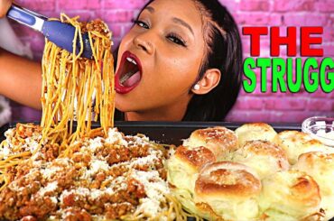 I'M STRUGGLING + CHEESY SPAGHETTI & CHEESY GARLIC BREAD (PASTA MUKBANG) | QUEEN BEAST