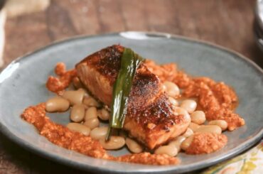 Pan Seared Catalan Romesco Verlasso Salmon - Thyme Cannellini Beans & Charred Green Onions
