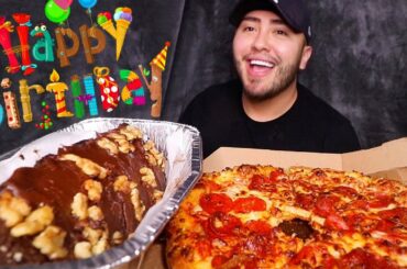 MY BIRTHDAY MUKBANG CHOCOLATE FUDGE CAKE + DOMINOS PIZZA