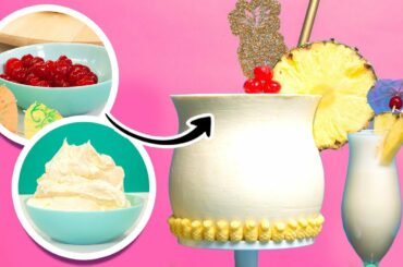 Pina Colada CAKE made with Crushed Pineapple, Coconut Buttercream, Maraschino Cherries