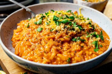 Creamy Tomato Risotto with Crispy Garlic Crumbs