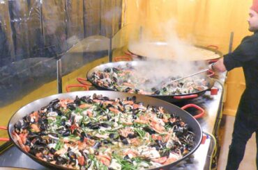 The Best of European Seafood. Giant Oysters, Paella, Prawns, Lobsters. Street Food Event in Italy