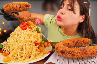 LARGE FRIED SAUSAGE & SPAGHETTI RECIPE 먹방 MUKBANG & ASMR キルバサ