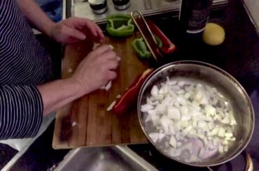 Vegan Italian peppers sausage garlic, croutons and noodles