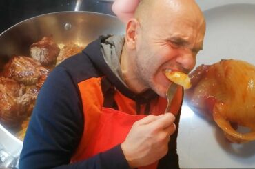 Beef in Tomato sauce cooked in the oven served with Lumaconi pasta