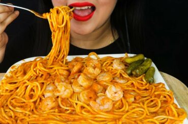*MESSY EATING*ASMR EATING SPAGHETTI WITH SHRIMP IN CREAMY TOMATO SAUCE(MUKBANG EATING SHOW)