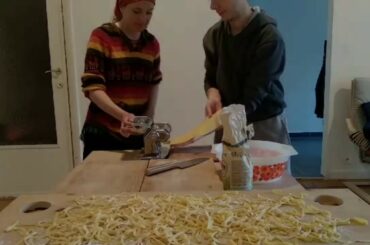 Making tagliatelle with home made pesto