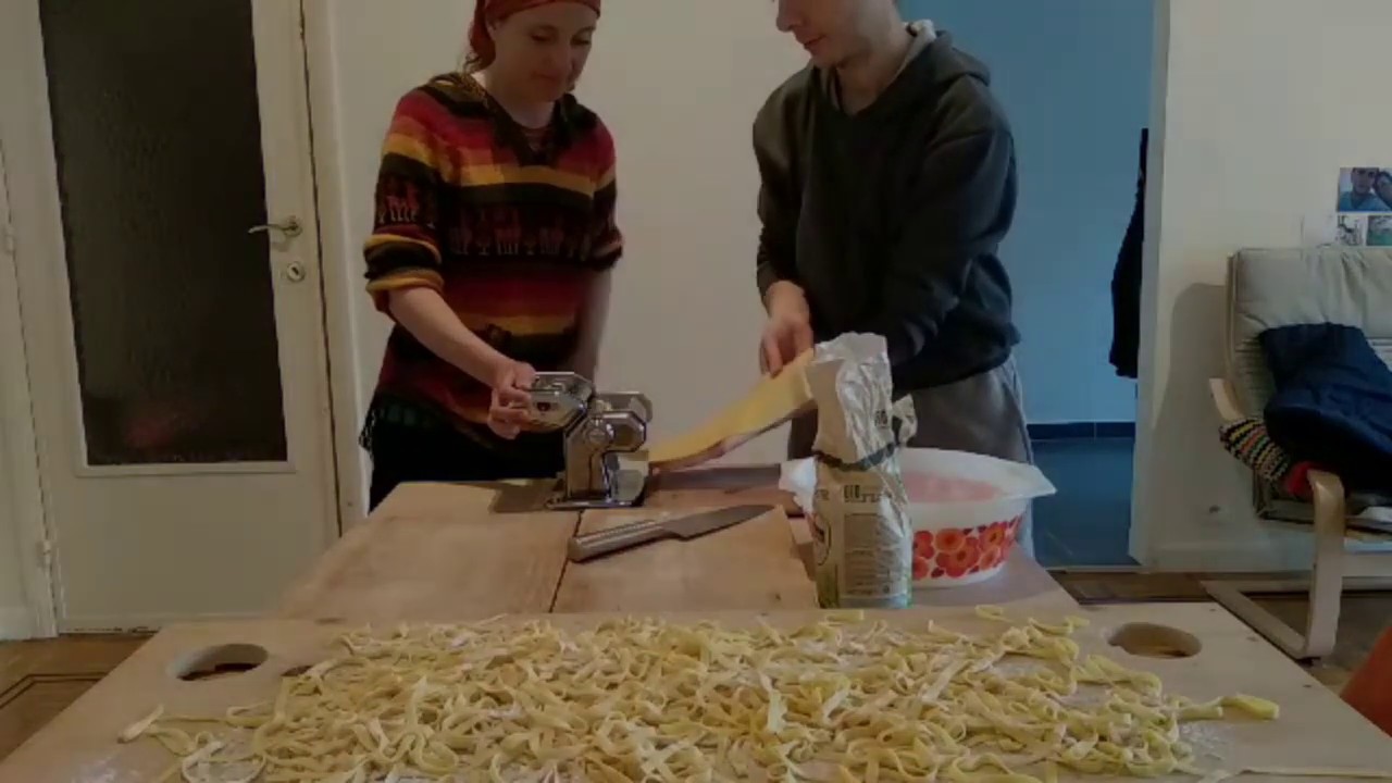 Making tagliatelle with home made pesto Making tagliatelle with home made pesto