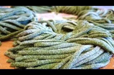 Basil pasta dough and baked cherry tomatoes sauce with almonds live cooking class from Italy