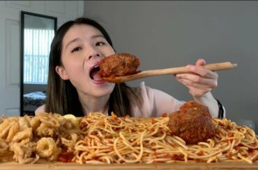 SPAGHETTI WITH GIANT MEATBALLS + FRIED CALAMARI MUKBANG | EATING SHOW