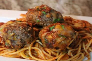 The perfect Stuffed Meatball Baked Spaghetti| Easy Baked Spaghetti Recipe
