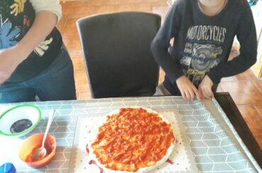 Aidan and mama making pizza for dinner, 14th April 2020
