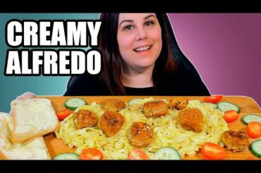 CREAMY FETTUCCINE ALFREDO MUKBANG 먹방 Homemade with Chicken Popcorn • Cooking & Recipe 🍝