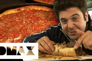 Adam Devours 2 Chicago Style Dishes: The Italian Beef Sandwich And Deep Dish Pizza | Man V Food