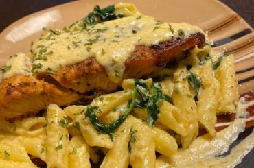 Cooking With Jhae: Pan Seared Salmon On A Bed Of Creamy Butter And Cheese Pasta w| Spinach