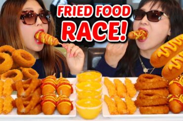 FRIED FOOD FEAST RACE EATING COMPETITION (ONION RINGS, CORN DOGS) MUKBANG EATING SHOW | Kim&Liz Too