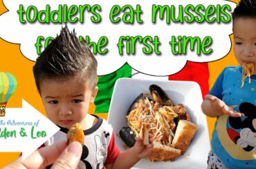 Twin Toddlers (Kids) Eat Mussels for the First Time - Italian Bolognese Outdoor Al Fresco Mukbang