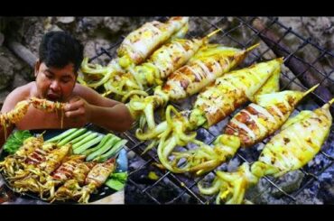 Cooking Squid BBQ Recipe - Grilled Squid bbq delicious Food in forest