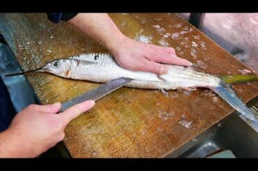 Japanese Street Food - MACKEREL PIKE Knife Skills Okinawa Seafood Japan