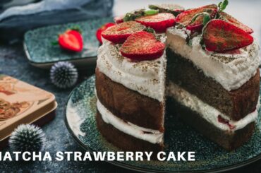Matcha Strawberry Cake | Naked Cake Recipe | ASMR Cooking