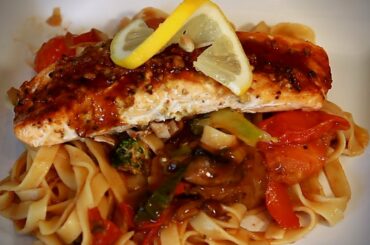 GARLIC SALMON AMAZING SALMON DISH SERVING WITH TAGLIATELLE PASTA Recipe By Chef Ricardo Cooking