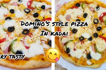 NO OVEN pizza in kadhai at home || DOMINO's style!!!