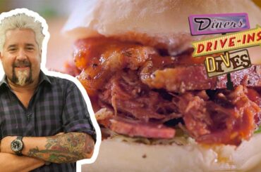 Guy Fieri Eats a Pork Belly, Pulled pork and Capicola Sandwich | Diners, Drive-ins and Dives