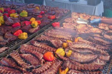 Italy Street Food. Grilling Massive Amount of Meat. Ribs, Sausages, Skewers, Burgers and more