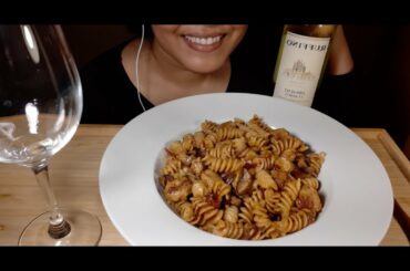 ASMR EATING (MUKBANG)- Pasta with Spicy Italian Sausage and Wine.