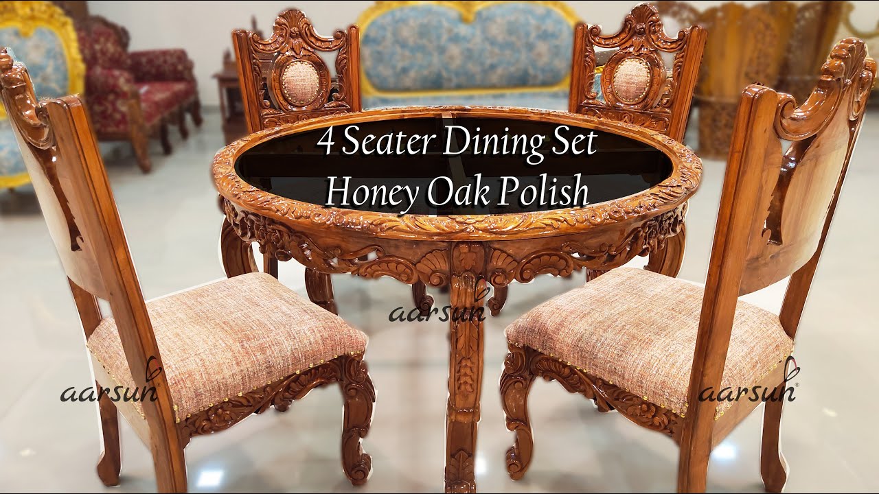 #256 4 Seater Wooden Dining Set Hand Carved and Polished in Honey Oak Finish@Aarsun – Art of India #256 4 Seater Wooden Dining Set Hand Carved and Polished in Honey Oak Finish@Aarsun - Art of India