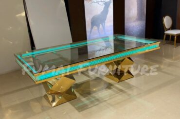 Glass top stainless steel dining table with led light for wedding