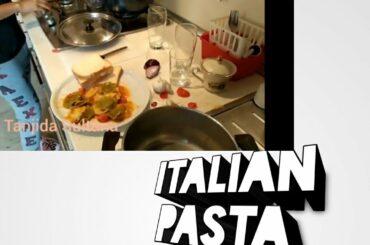 Italian food. Pasta with mozzarella spinach