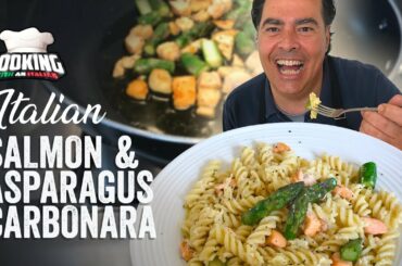 100% Authentic Italian Salmon and Asparagus Carbonara. Cooking with an Italian