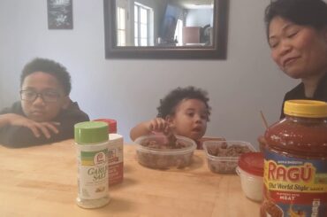 My food taster is here tasting my Italian sausage spaghetti