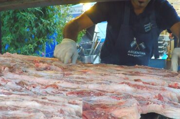 Italy Street Food. Huge Blocks of Juicy Meat on Grill and more Great Food