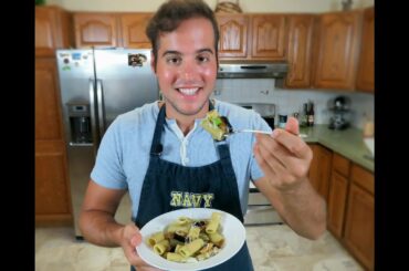 Green Norma. Basil Pesto Eggplant Pasta. Pestle, Mortar How-To. Easy Recipe. Authentic Italian Food.