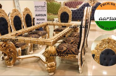 #278 Handcrafted 8 Seater Dining Set, White Gold, Floral Fabric | Woodworking @Aarsun - Art of India