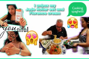 Filippina wife cooking Italian spaghetti and unboxing my Jade Roller Set #agegapcouple
