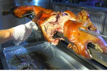 Italy Street Food Event. Huge Load of Juicy Pork Meat, Fried Pizza and more Food