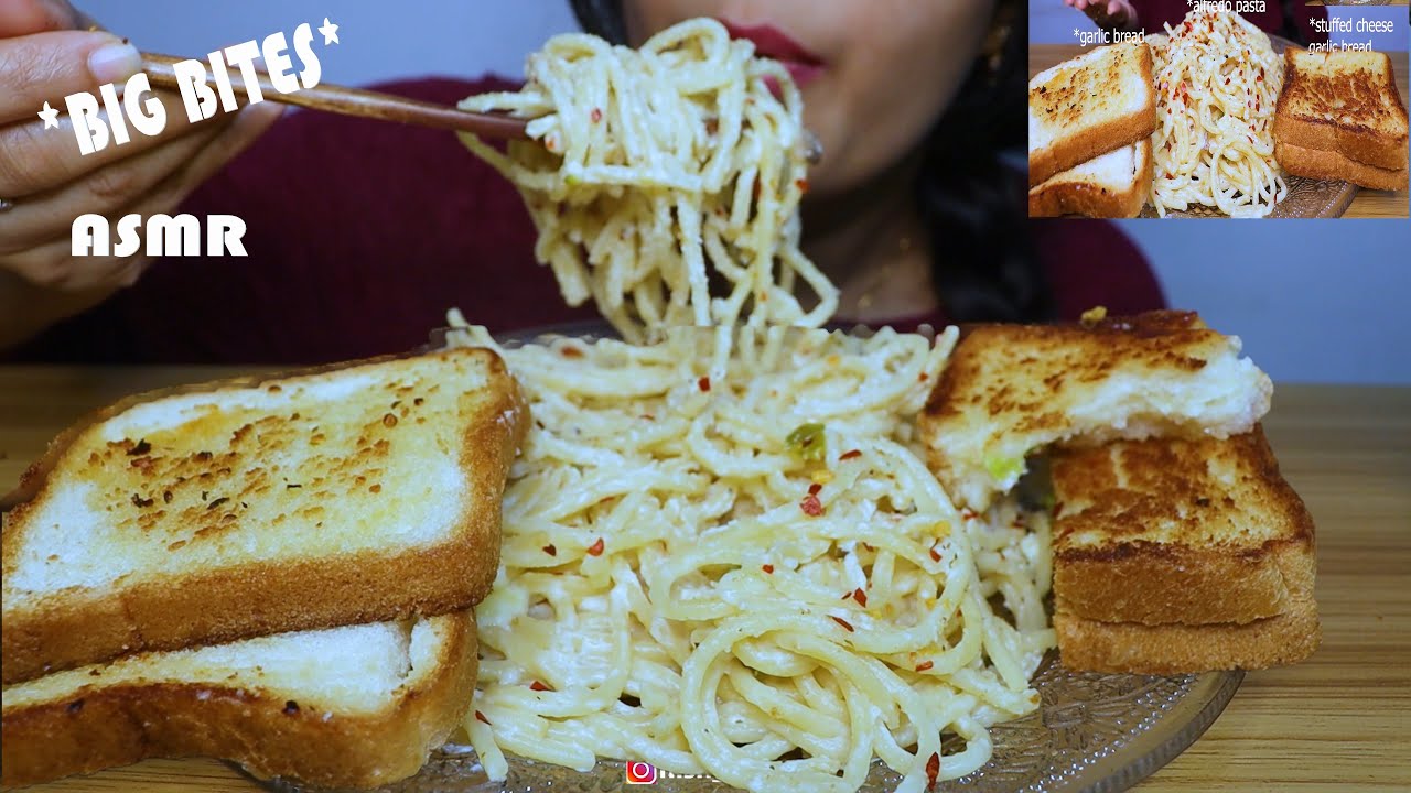 *BIG BITES* CREAMY ALFREDO SAUCE PASTA,CHEESE GARLIC BREAD AND GARLIC BREAD| ITALIAN FOOD ASMR *BIG BITES* CREAMY ALFREDO SAUCE PASTA,CHEESE GARLIC BREAD AND GARLIC BREAD| ITALIAN FOOD ASMR