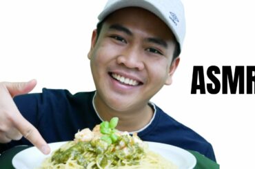 ASMR PESTO BASIL PASTA SPAGHETTI WITH PRAWNS CREAMY CHEESE ITALIAN FOOD EATING SOUNDS MUKBANG
