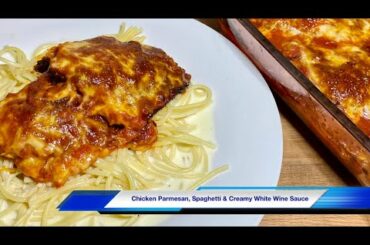 Chicken Parmesan with Provolone Cheese over Spaghetti with a Creamy White Wine Sauce