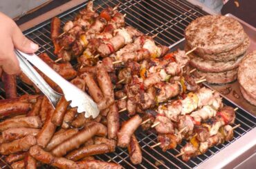 Italy Street Food. Grilling Sliced Beef, Burgers, Ribs, Sausages, Pasta, Sweets and more