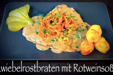 Sirloin steak with crispy onion in red wine  sauce